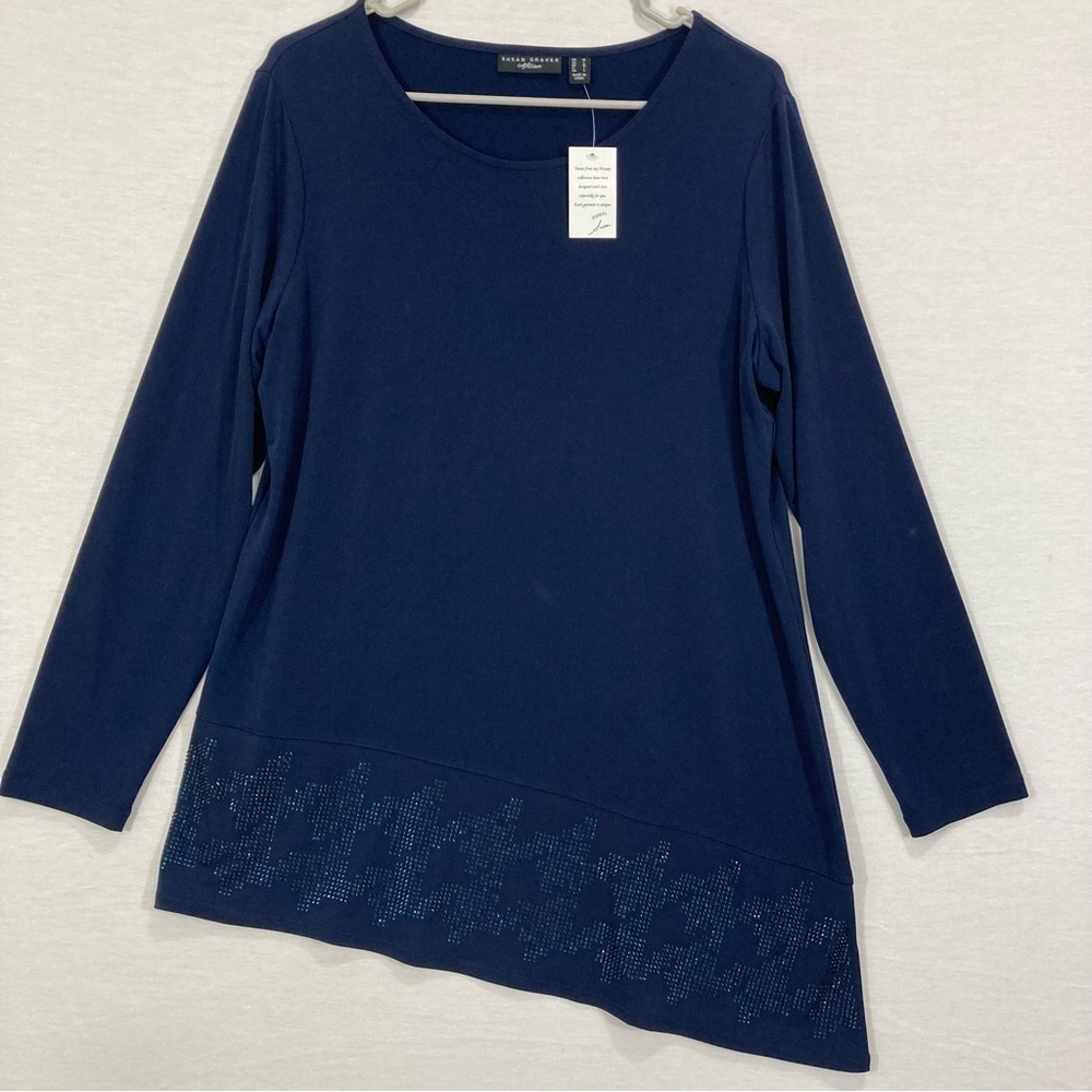 NEW Susan Graver Artisan Dark Navy Sequins Soft Stretch Top Medium